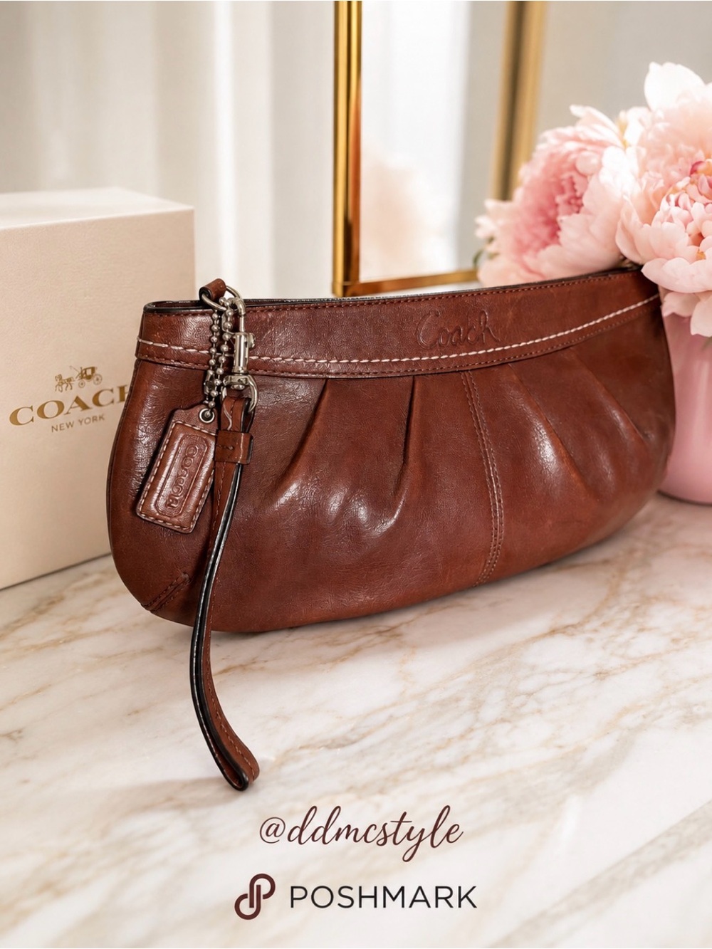 Coach Brown Leather Pleated Wristlet w hang tag